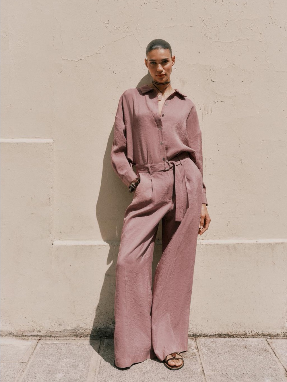 Zara NWT Mauve Flowy Relaxed Wide Leg Pleated Belted Trousers (Size Medium)